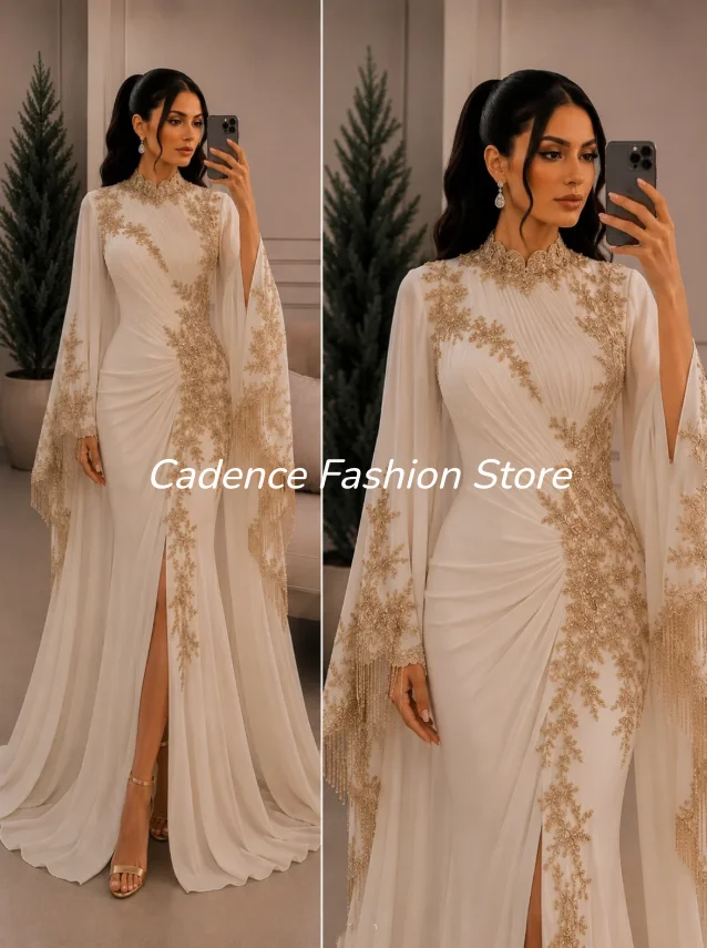 Gorgeous White Arab Formal Evening Gown فساتين High Neck Gold Beaded Flared Sleeves Pleats Slit  Women's فساتين براند Customizd
