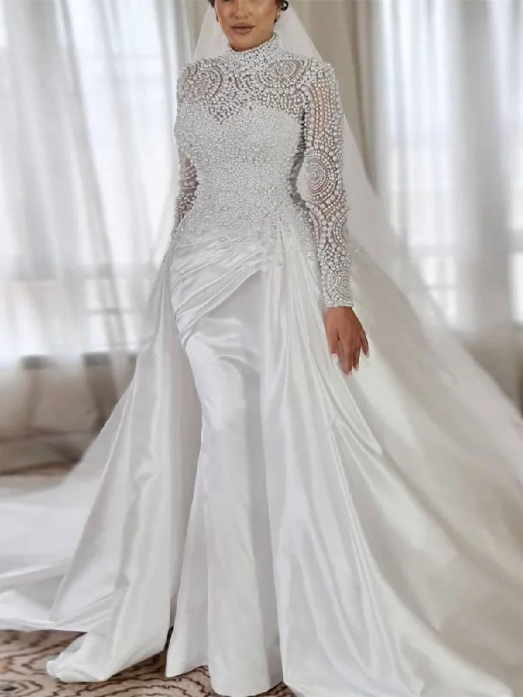 

Exquisite Mermaid Wedding Dresses Long Sleeves High Neck Sequins Beaded Pearls Detachable Train Bridal Gowns Vestina De Novia