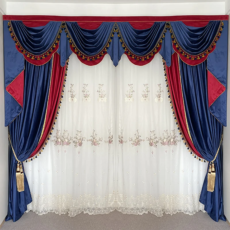 Custom Upscale luxury living room bedroom shading velvet blue red thick cloth valance blackout curtain tulle drape C2006