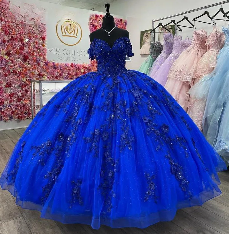 Vestidos de Quinceañera de princesa Azul Real, vestido de baile sin hombros, apliques de tul dulces 16, 15 Años, personalizado