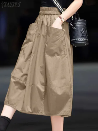 Imagen 1 del producto ZANZEA-Falda larga de estilo coreano para mujer, Falda Midi de cintura elástica a la moda, ropa de calle Vintage, Jupe informal con Bolsillo grande