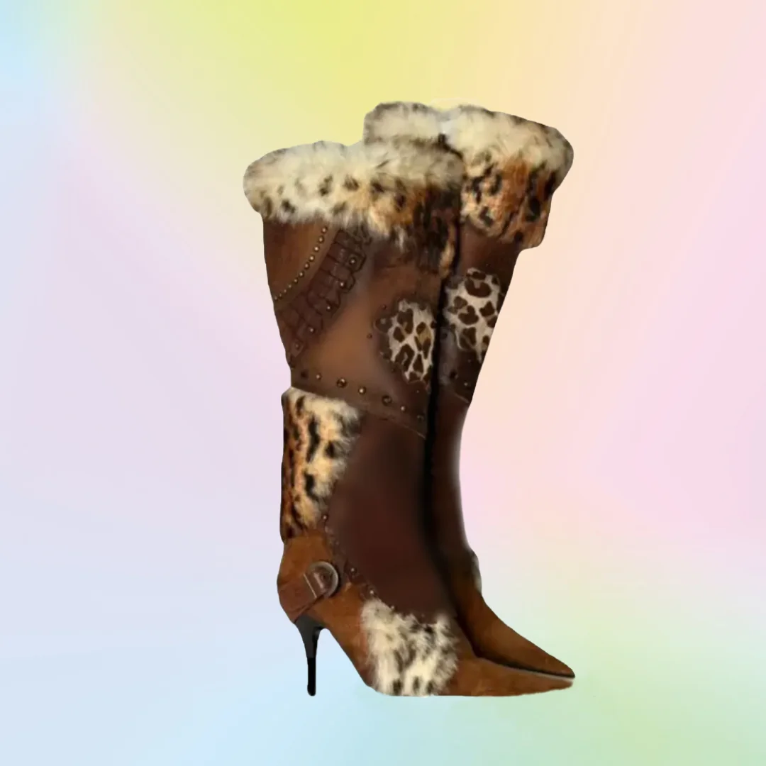 

Brown Fur Decor Patchwork Pointed Toe Boots Thin Heels Leopard Shoes Mid Calf Shoes for Women Shoes 2025 Zapatos Para Mujere