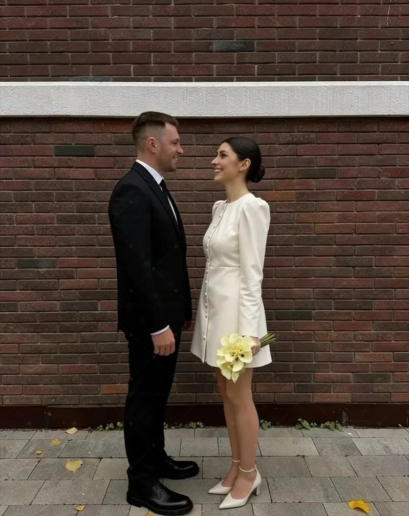 TLIT Customized Short Wedding Dresses for Bride Buttons Long Sleeves Simple Civil Bridal Gown Romantic Prom Party Wedding Dress