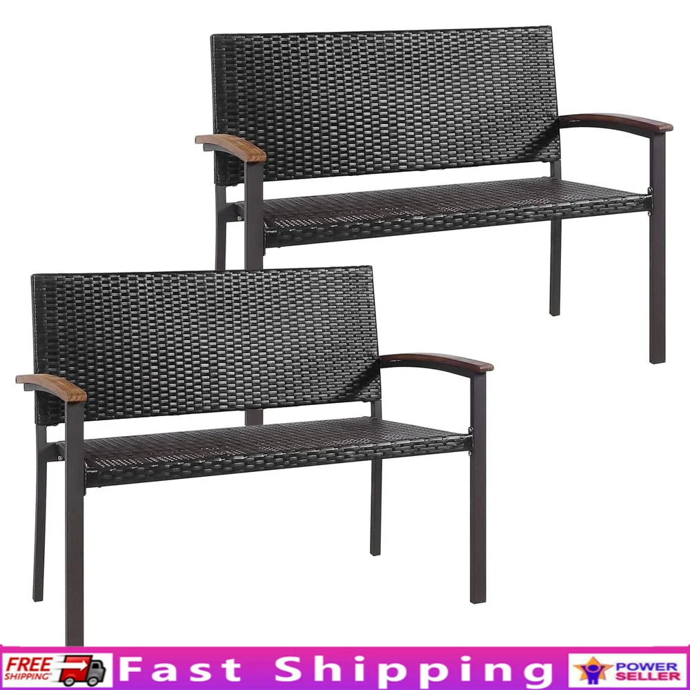 

Outdoor Patio Wicker Loveseat with Acacia Wood Armrests All-Weather 2-Person Bench Heavy Duty Metal Frame Stackable PE Rattan
