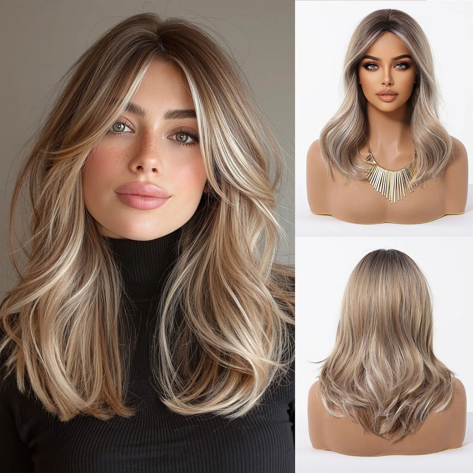 باروكات شقراء بنية يسلط الضوء على شعر مستعار متوسط الطول فضفاض مموج الجزء الأوسط شعر مستعار صناعي طبيعي مقاوم للحرارة للنساء يوميًا