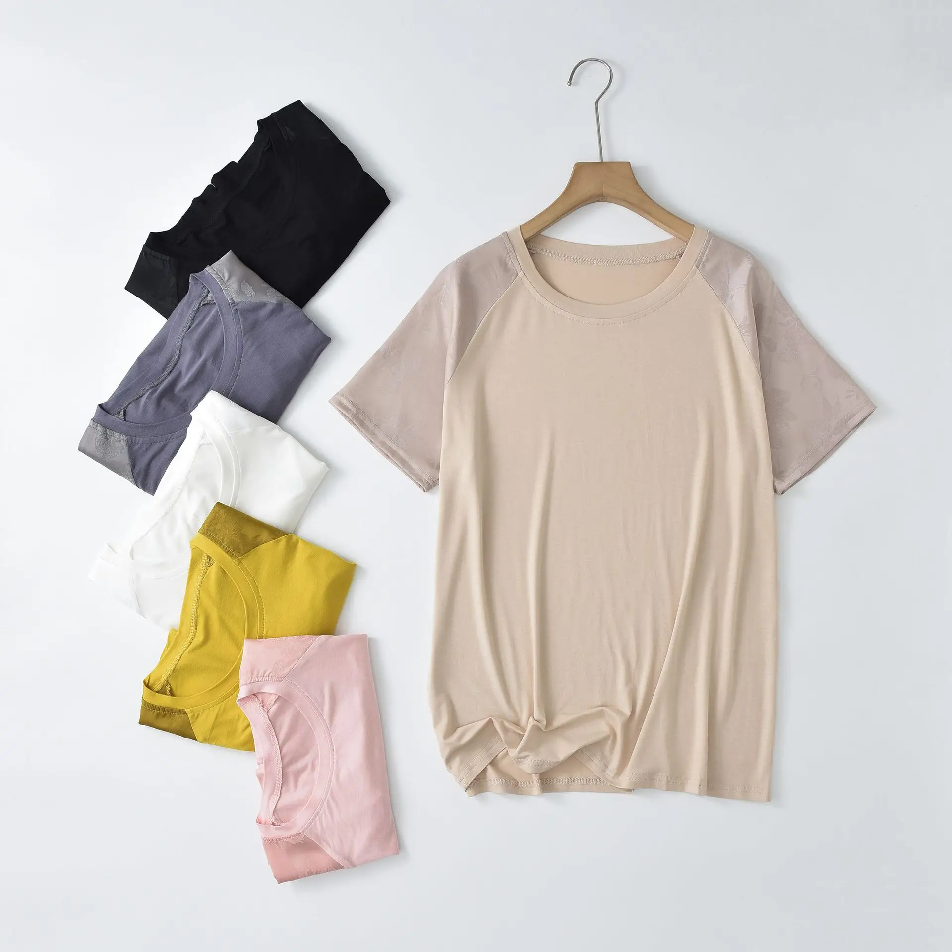 Modal Satin patchwork Tshirts O-Neck Summer women's Loose T-shirt short sleeves solid color Casual Tee Tops all match