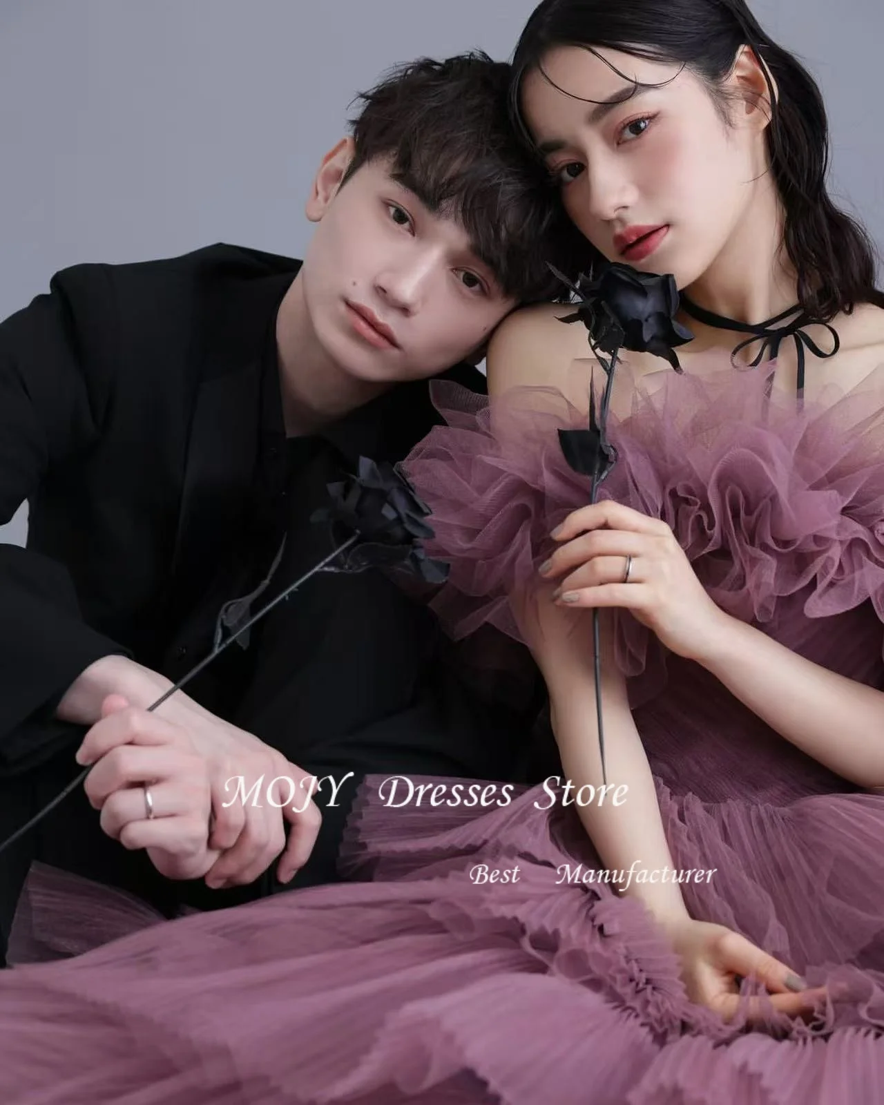 Mojy Luxe Galajurk Druif Paars Koreaanse Trouwjurken Gelaagde Aangepaste Avondjurken Japans Off Schouder