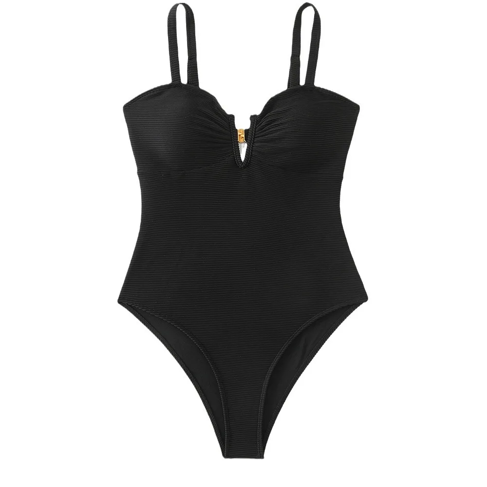 One Piece Swimsuit 2025 Mujer Women Solid Black V Neck Tummy Control Swimwear Beach Wear Backless Bathing Suit Slim Monokini
