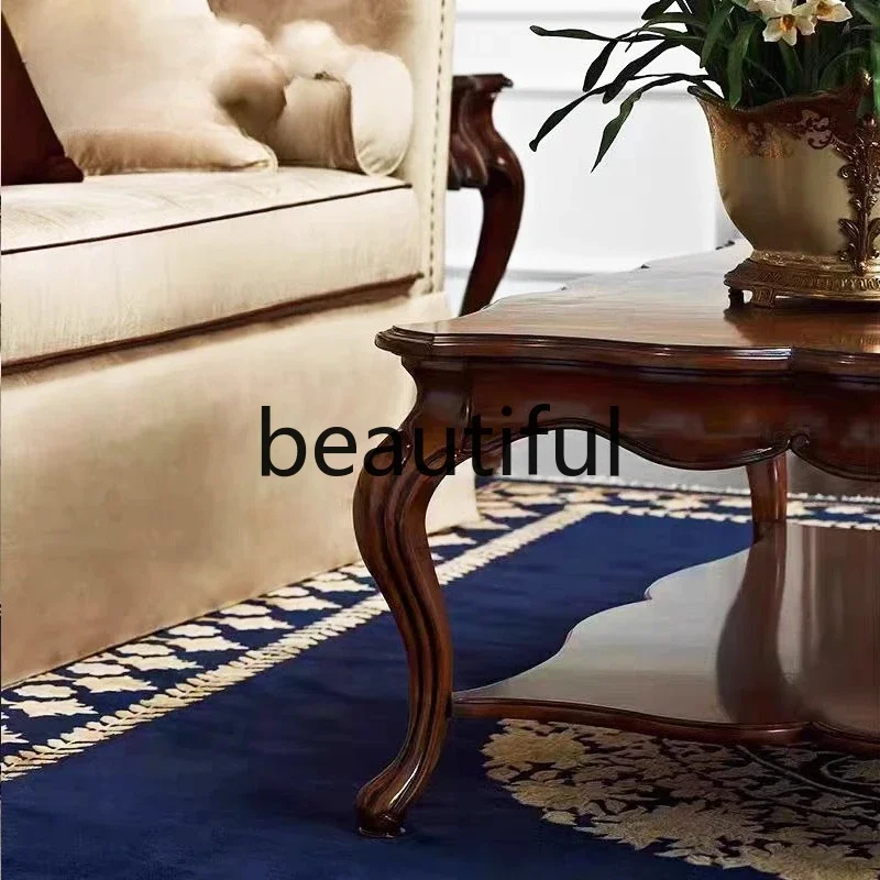 07A Mahogany, coffee table, solid wood carving flower coffee table villa living room rectangular coffee table