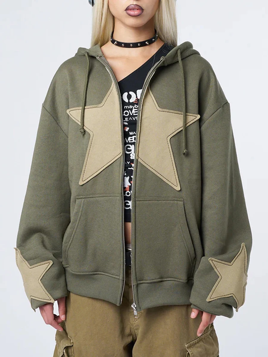 Y2K Vintage Star Print Bluza z kapturem dla kobiet Casual Luźne bluzy z długim rękawem Zapinane na suwak Bluzy ze sznurkiem Jesień Wiosna Płaszcz Street