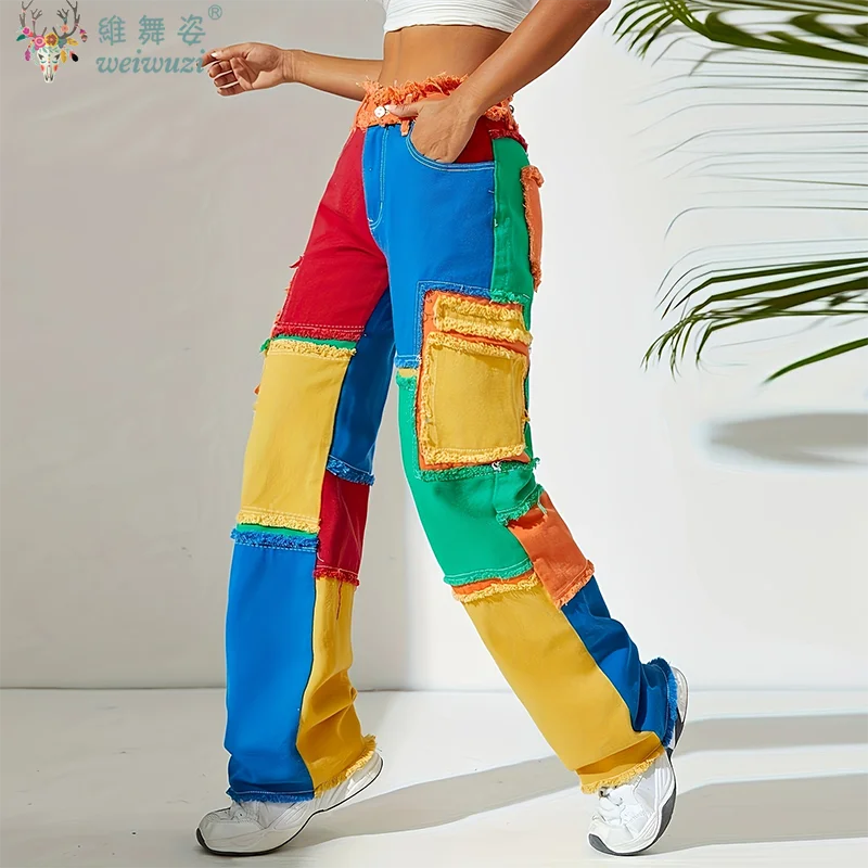 Y2K-pantalones vaqueros coloridos desgastados para mujer, pantalones vaqueros de cintura alta, ropa de calle holgada con bloques de Color, Vaqueros rectos de hip hop frescos energéticos