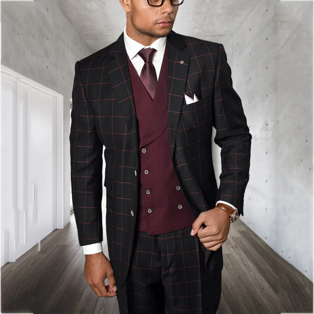 

Tailor-Made Plaid Men's Suits Three Pieces Single Breasted Long Jacket Notch Lapel Gentleman Fashion Formal Party Wedding Set