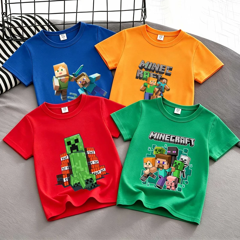 Camiseta Infantil Minecrafted, Camiseta de Anime Criativa com Letras de Desenho Animado, Roupas de Verão para Meninos e Meninas, Presente de Aniversário