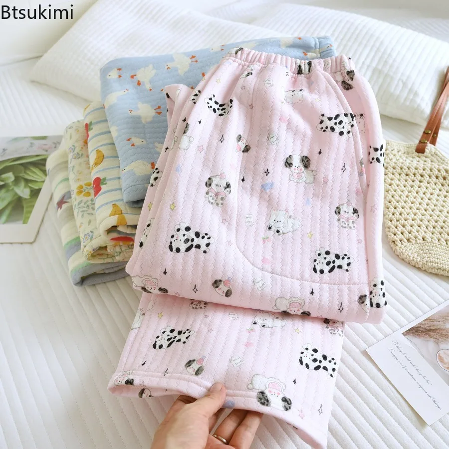 Women's Autumn and Winter New 100% Cotton Printed Pajama Pants Three-Layer Warm Homewear Casual Loose Long Trousers for Women