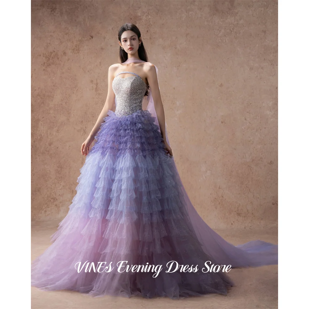 VINES Gradient Lavender Party Dress Strapless Draped Neck Scarf Evening Dress Tiered Tulle فساتين السهرة for Wedding Customized