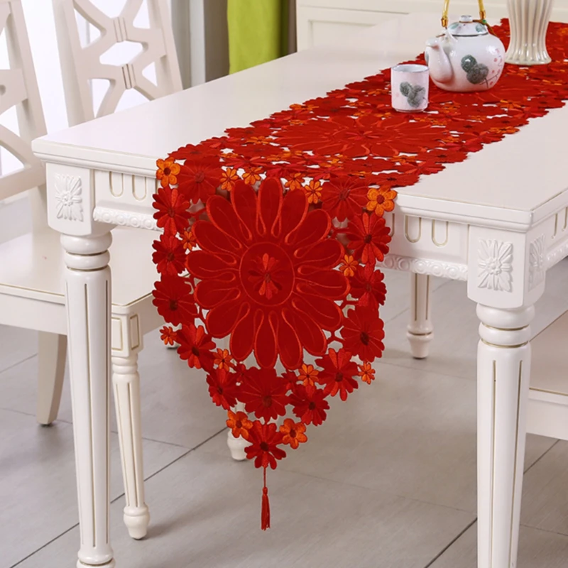 

New Christmas Polyester Embroidery Xmas Table Runner Satin Tablecloth Cutwork Placemat Red Table Flag Towel Cloth Covers