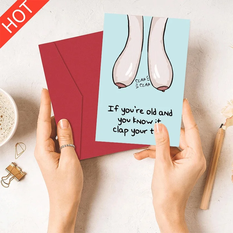 

Funny Old Lady Themed Greeting Card, Clap Your Tits Humorous Birthday Card for Elderly Friend, Novelty Birthday Greeting Card