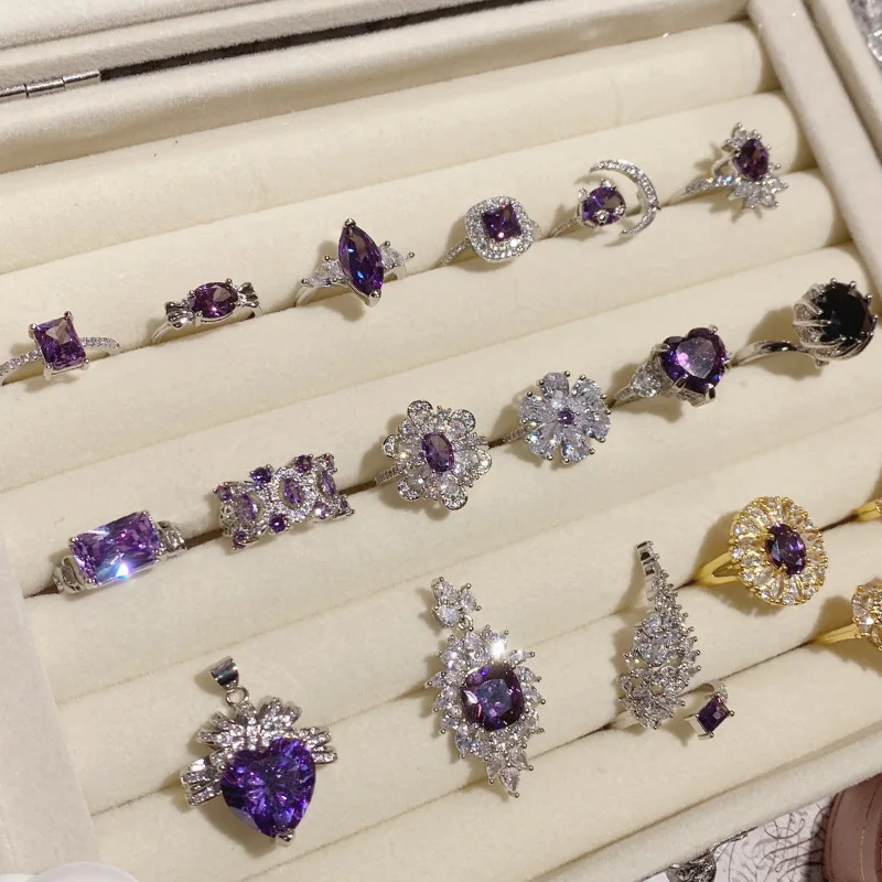 Amethyst Rings for Women Sparkling Grape Purple Gemstone Fine Jewelry Open Size Diamand Series Silver Plated Party Accessories