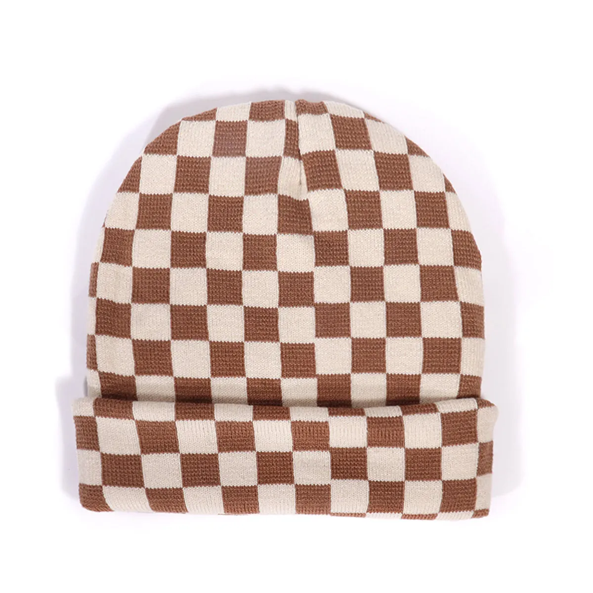 Checkered Jacquard Roll Brim Knit Beanie - Minimalist White Streetwear Unisex Couple Winter Hat