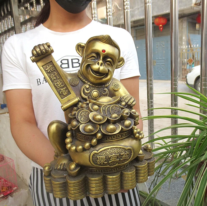 LARGE office home shop company lobby thriving business Money Drawing GOOD LUCK Mascot# gold money Monkey FENG SHUI Brass statue