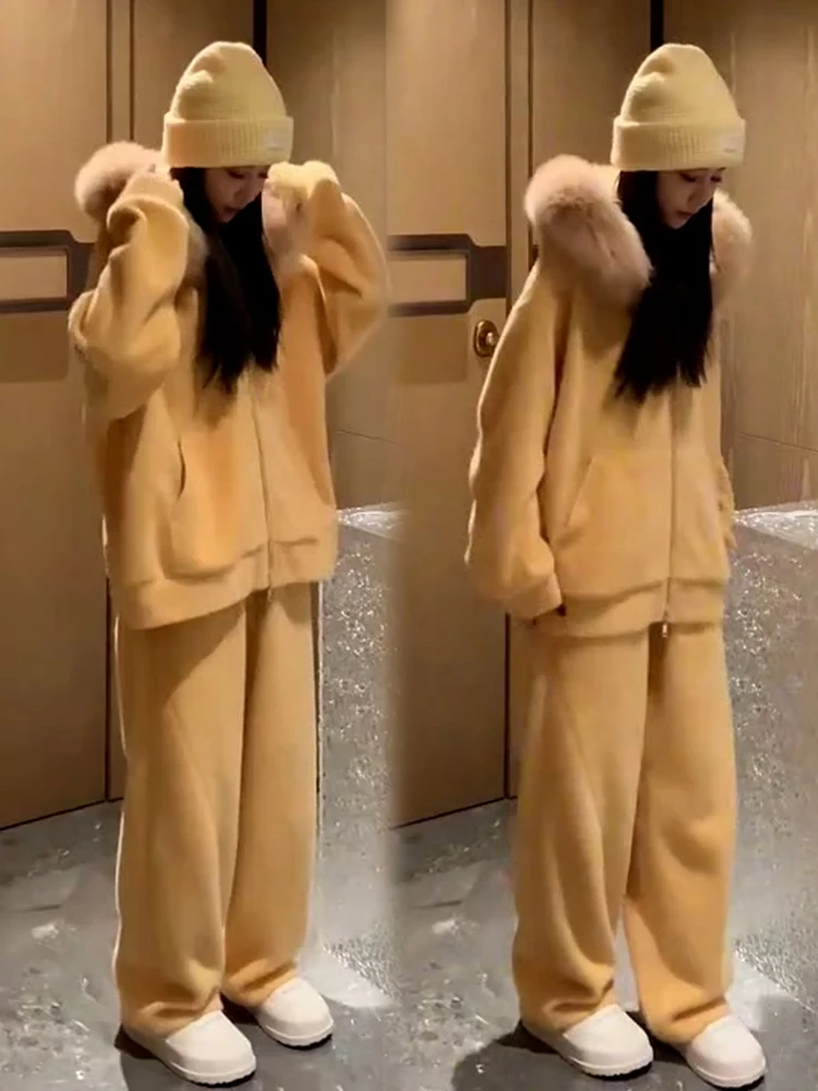 

Lazy style fashionable big fur collar set for women autumn and winter casual hoodie jacket wide leg casual two-piece set