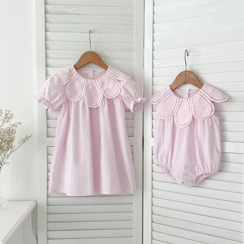 Girls Children's Baby Dress Princess Climbing Birthday Sister Summer Solid Color Petal Collar