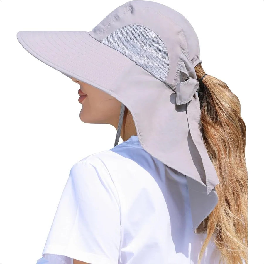 

Womens Sun Hat Outdoor UV Protection Wide Brim Fishing Hat with Ponytail Hole Neck Flap for Beach Hiking Camping