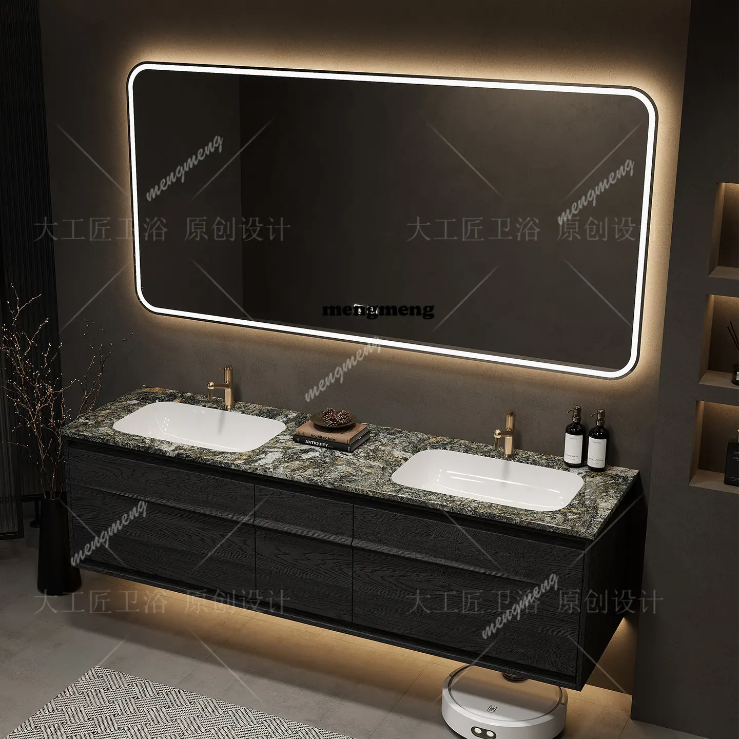 Bathroom Cabinet Combination Natural Luxury Stone Seamless Basin Wash Sink Wash Table Walnut Semi-transparent High-end Bathroom