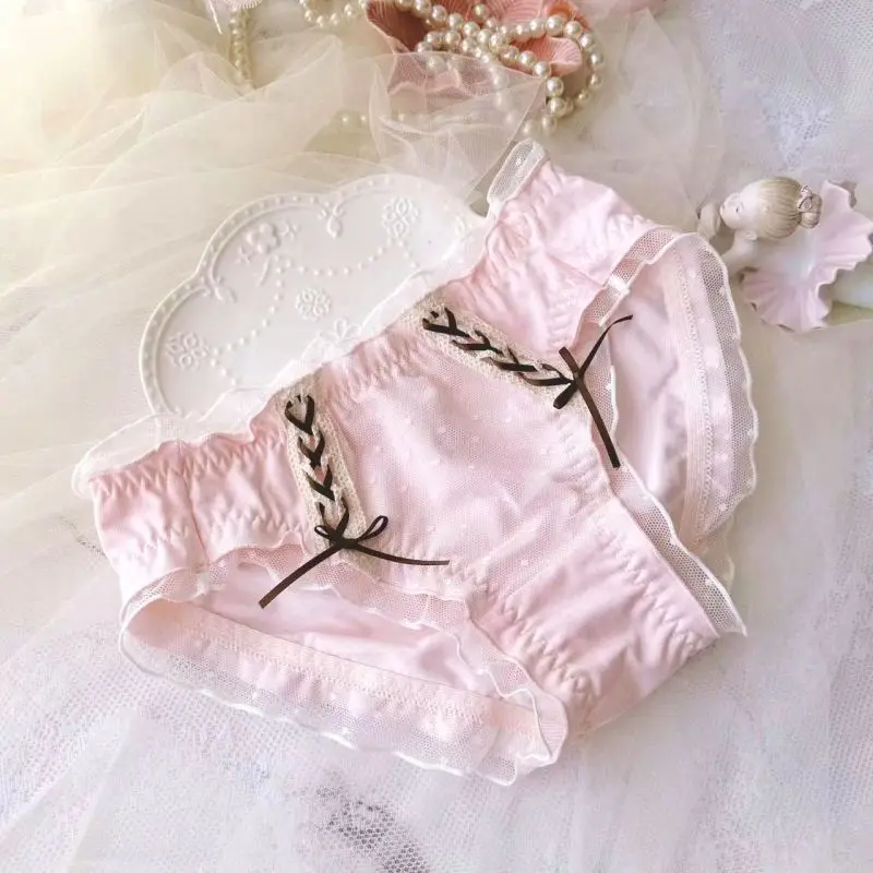 Women Cotton Mesh Dot Ruffles Ribbon Underwear Princess Style Cute Lovely Sweety Panties Breathable Elasticity Lolita Breifs