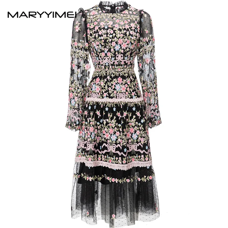 MARYYIMEI Vintage Fashion Designer Dress Women's Mesh Embroidered Translucent Lantern Sleeve Slim Black Midi Dresses 2023 Newest