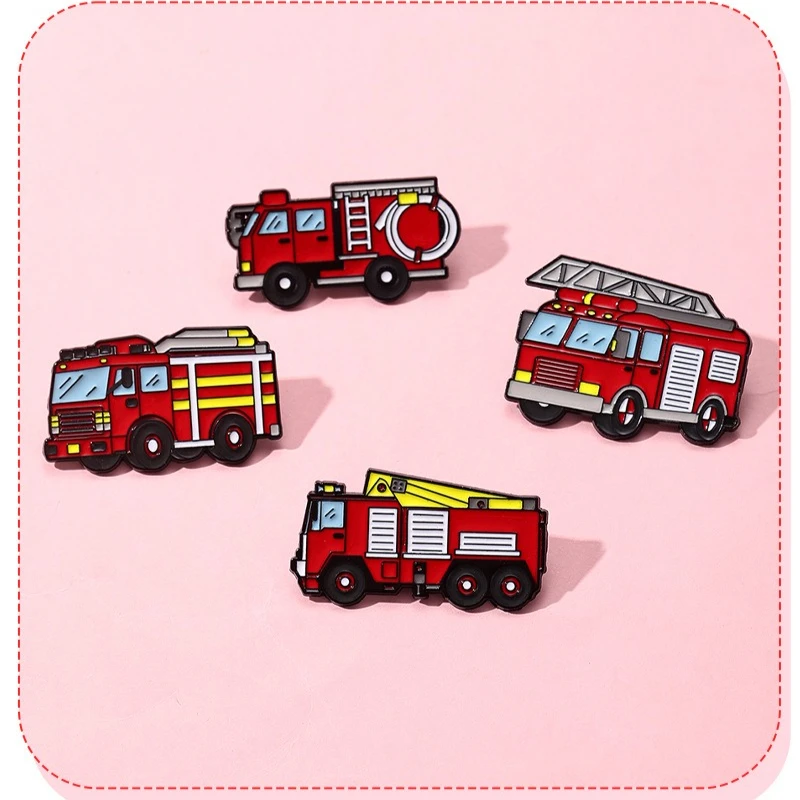 Kids Alloy Cartoon Fire Truck Brooch Children Car Badge Pin for Diy Clothes Bags Shoes Hat Scarf T-shirt Jeans Accessories