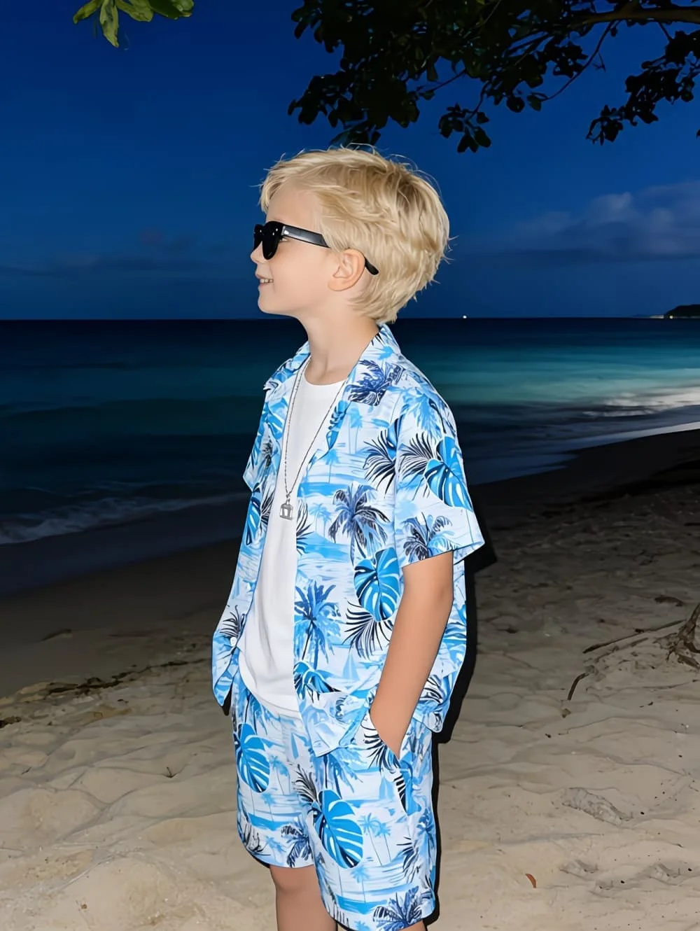 Boys Summer Coconut Tree Pattern Print Short-Sleeve Shirt Set 2PCS Hawaiian Beach Vacation Style Casual Children's Clothing Boys