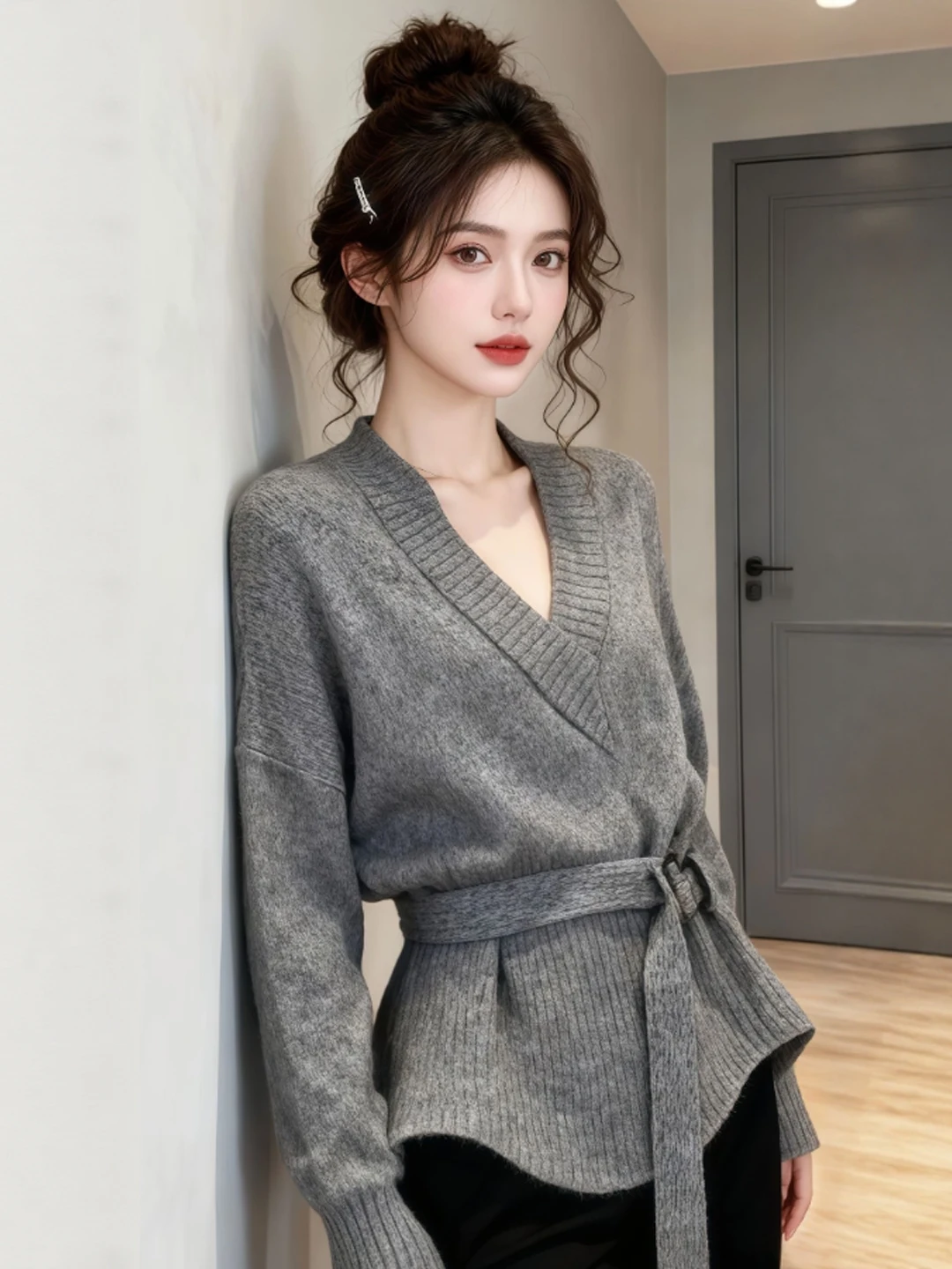 

Корейский свитер с V-образным вырезом и поясом, приталенный, длинный, модный, зимний, женский, вязаный, универсальный