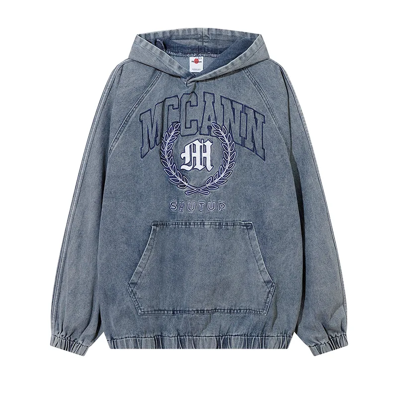 

Men's Oversized Hip Hop Denim Hoodies With Embroidery Washed Vintage College Jeans Sweatshirt Loose Fit Campus Pullover Hoody