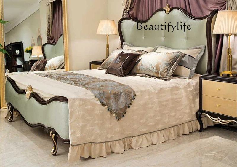 

Simple and beautiful classical light luxury bedroom furniture, solid wood hand-carved luxury fabric double bed