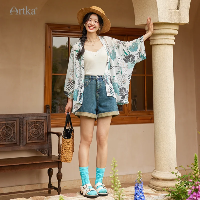 ARTKA 2024 Summer New Women Blouse Elegant Floral Printed Chiffon Cardigan Vacation Style Thin Shawl Shirts Female WA15082X