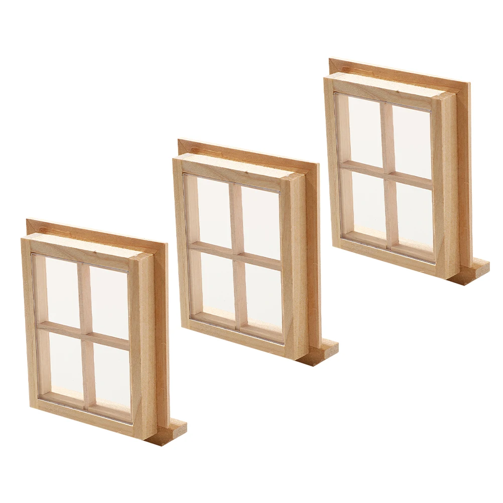 3Pcs Dollhouse Mini Furniture Decoration: 1:12 Unfinished Wood Window Frames for DIY Miniature House Indoor Lighting Display