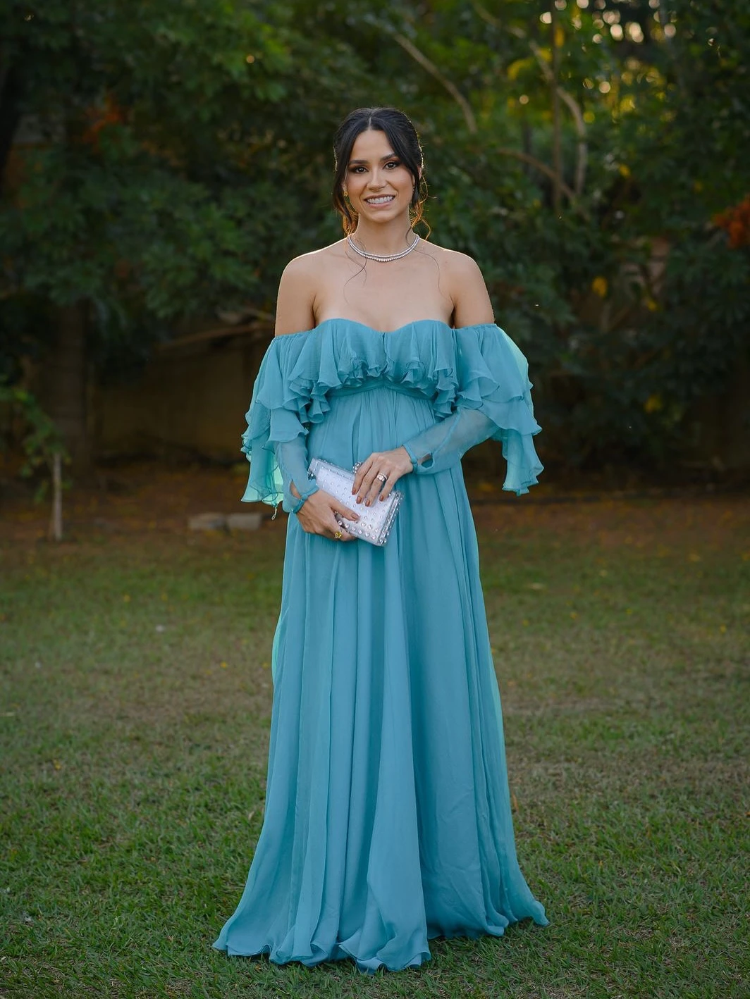 Mulheres fora do ombro chiffon plissado manga maxi vestido verão elegante azul festa de verão vestidos babados em camadas vestido formal