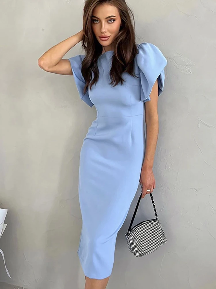 Elegant Bodycon Midi Dresses For Women Summer Casual Ruffle Sleeve Slit Office Dress Fashion Chic Blue New In Dresses 2023