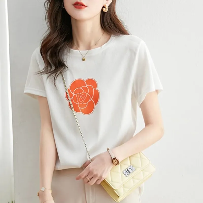 Summer New Women's Round Neck Short Sleeve Fashion Camellia Front Silk Back Cotton Knitted Casual T-Shirt Top
