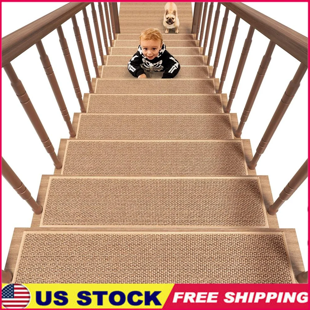 Non-Slip Rubber Backing Stair Treads Wooden Steps 15PCS Residue-Free Carpet Kids and Dogs Beige 8