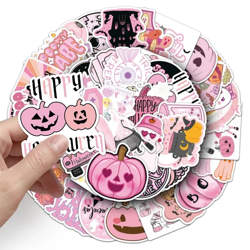 50pcs Pink Halloween Ghost Pumpkin Stickers For Phone Case Laptop Notebook Suitcase Skateboard DIY Aesthetic Stickers