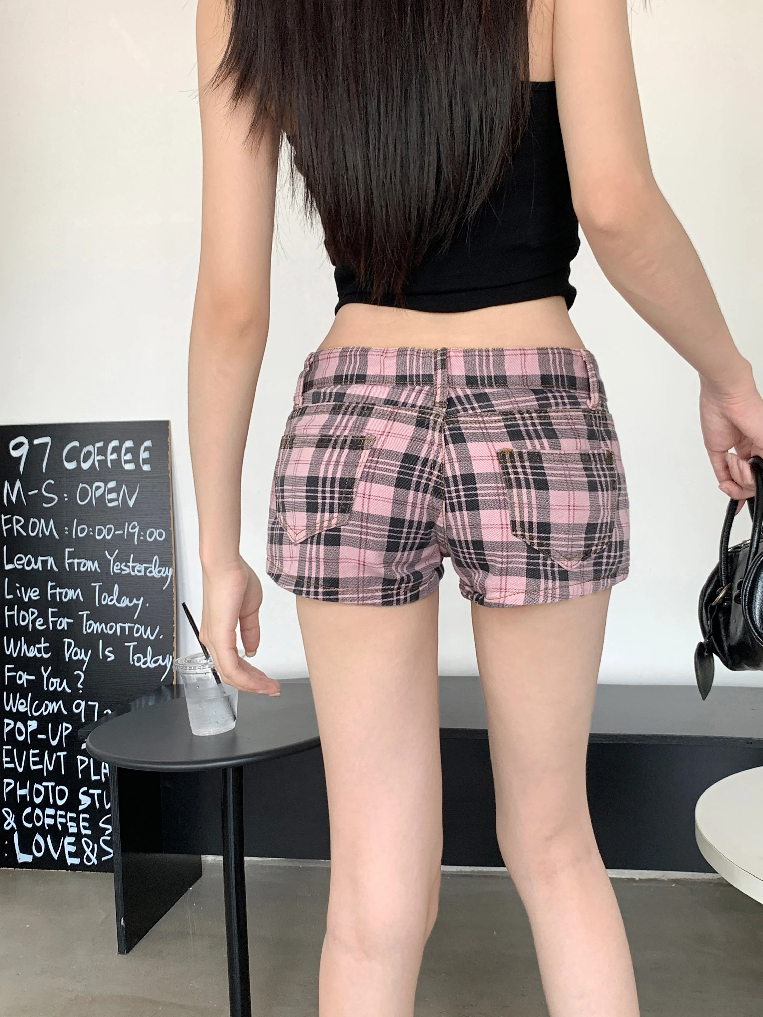 Women's Pink Washing Checked Denim Shorts Hip-Hop Y2k New American Street High Waist Hot Girl Slim And Wide-Leg Hot Pants Trendy