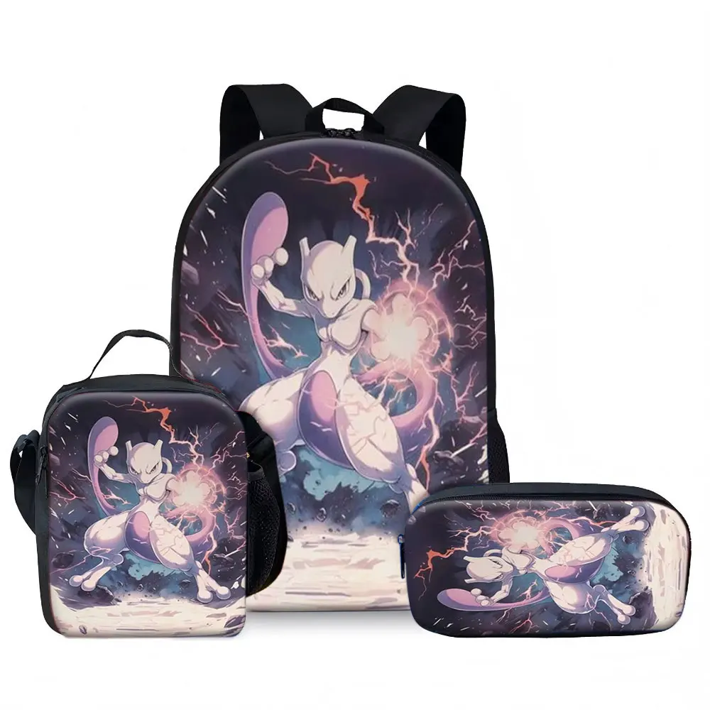 Kids Bag Pokémon Mewtwo 3pcs Backpack Set Anime Print Breathable Shoulder Bag Lunch Box Pencil Case for Boys Girls School