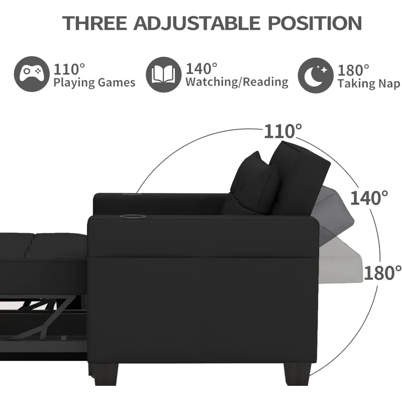 DURASPACE 39 inch Futon Chair Bed Convertible Chair 3-in-1 Pull Out Sleeper Reading Chair Beds with USB, Armchair Sleeper Room