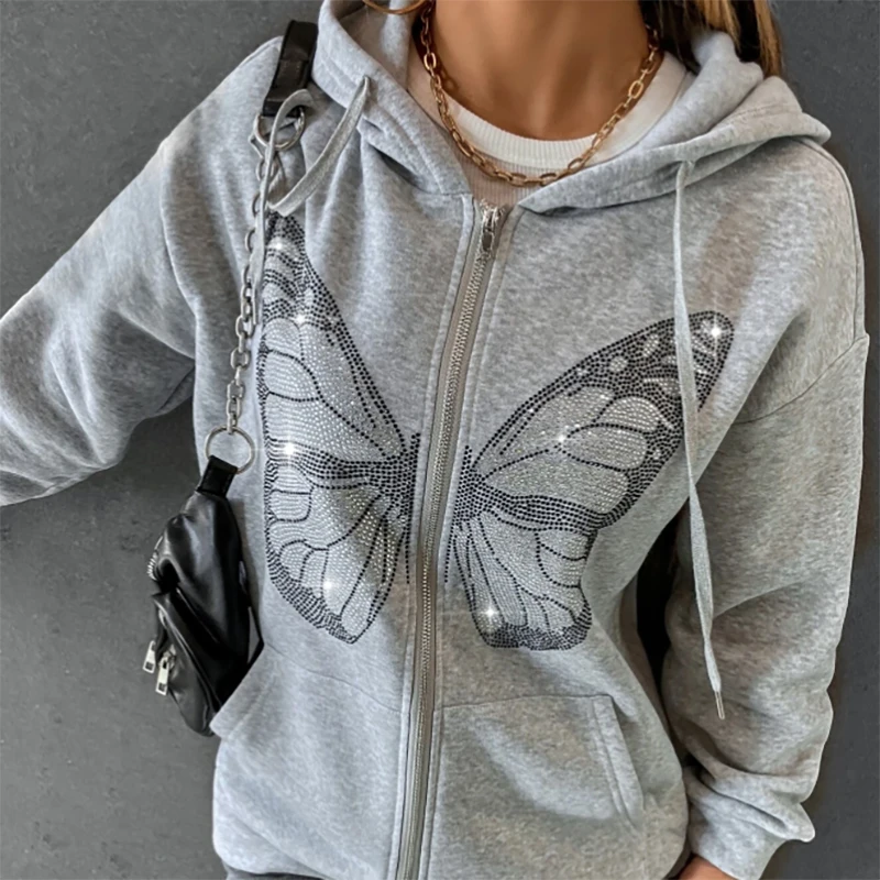 Women Harajuku Butterfly Print Rhinestone Hoodies Long Sleeve Zip Up Hoodie  Fashion Autumn Winter Pull Femme Jackets Sweatshirt