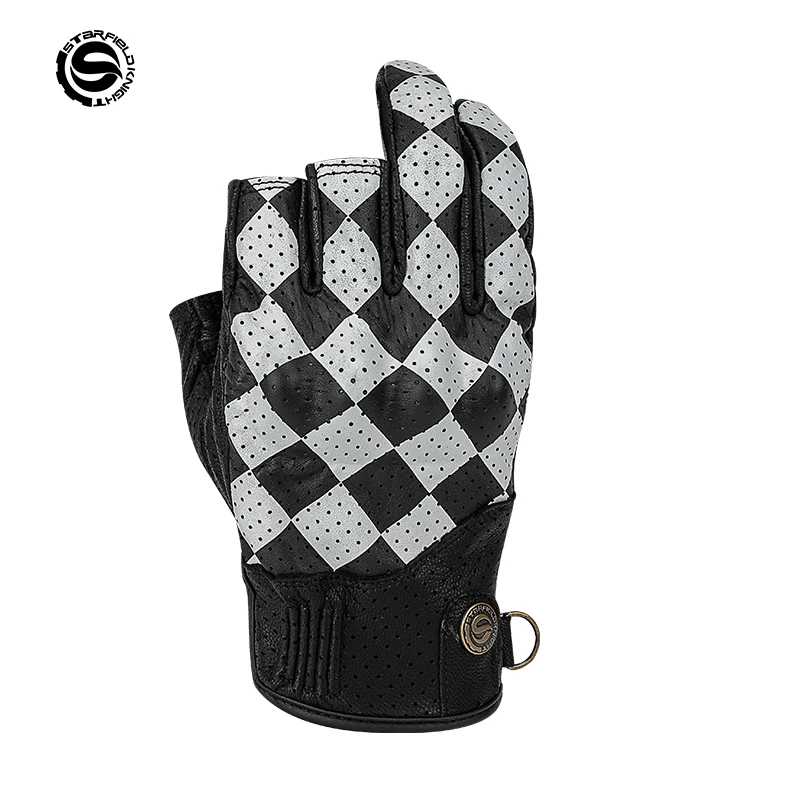 SFK Black&White Motorcyle Gloves Real Goat Leather Half Finger Gloves Summer Breathable Riding Protection Wear-resistant Gears