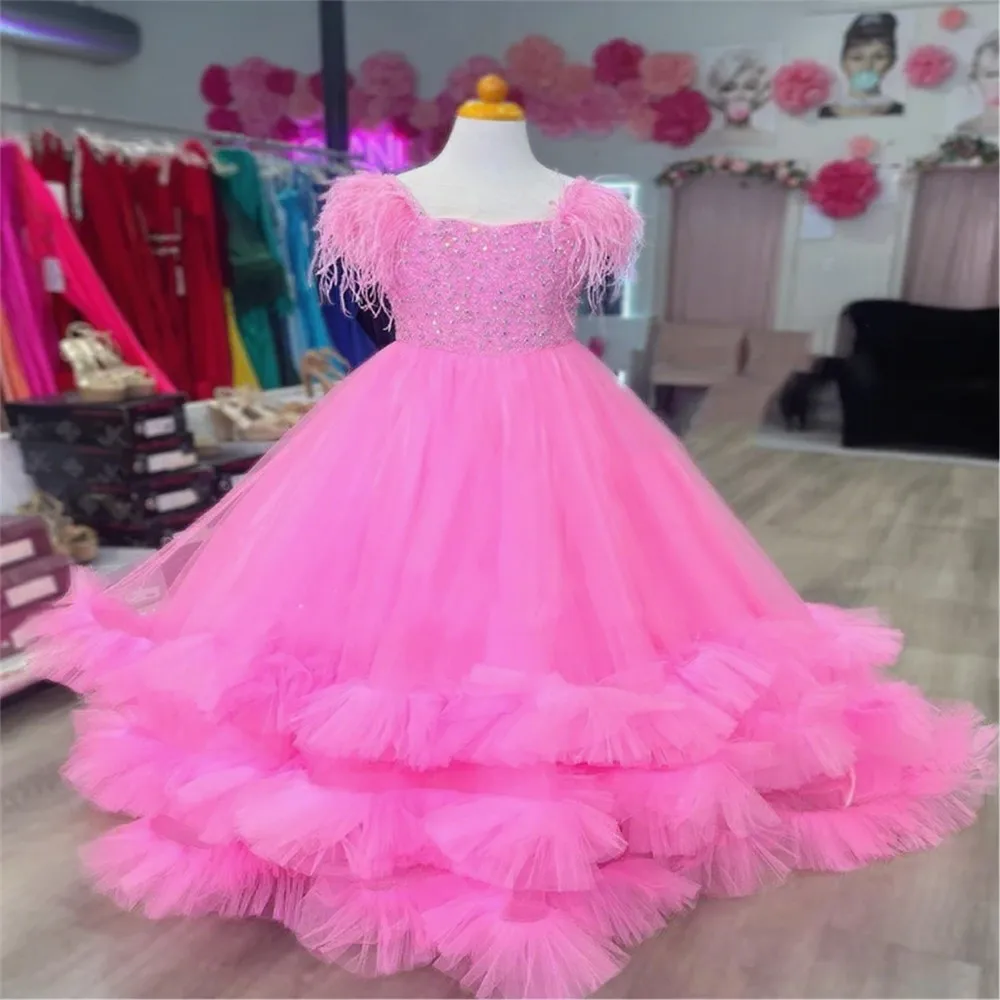 

Pink Flower Girl Dress for Wedding Puffy Feather Beaded Princess Pageant Birthday Party Kids First Communion Gown Customized