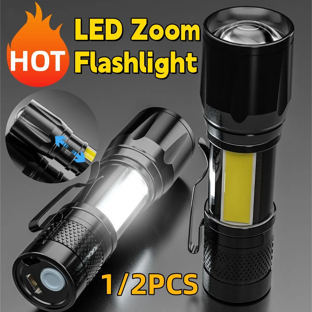 1/2PCS Mini Led Flashlight Built In Battery Zoom Focus Torch Lamp 2000Lumen Adjustable Penlight Waterproof Light For Outdoor 