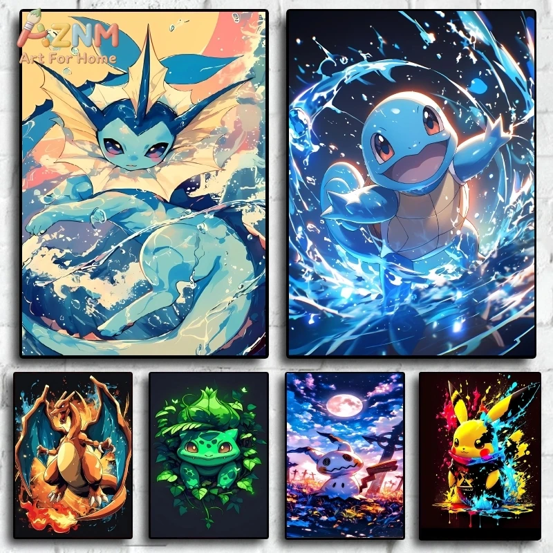 AZNM Pokemon Vaporeon Squirtle Charizard Bulbasaur Canvas Wall Art Print, Anime Poster for Kids Room Decor, No Frame